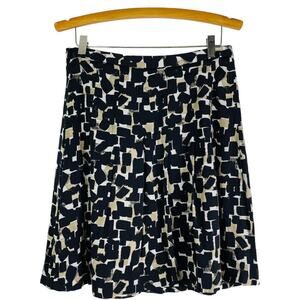 WHBM black white tan silk abstract pleated midi office preppy knee skirt 6